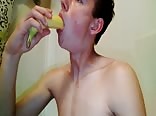 Handsome Teen Sucks Banana, Fks It, Then Cums On It