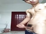 Asian boys porn shoots a nice creamy load on the floor 